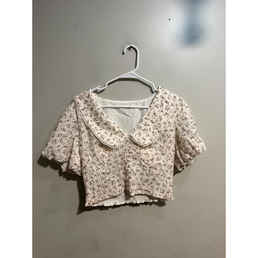 Altar'd State Floral Puff Sleeve Statement Collar Crop Blouse Size L Cottagecore